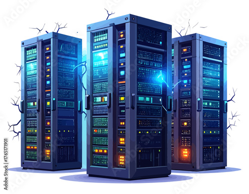 Three glowing server racks in a data center with electrical energy effects.