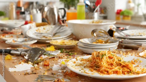 A cluttered kitchen countertop displays dirty dishes, leftover food, utensils, and a general mess