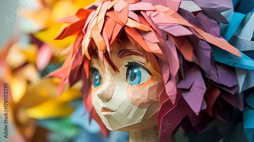 Vibrant Paper Art: Close-up of a Colorful Anime-Style Character