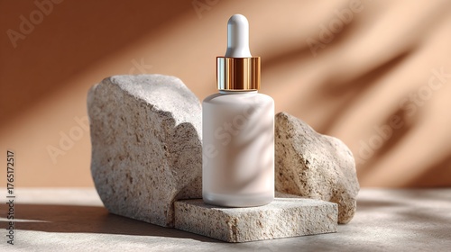 Elegant white serum bottle with golden accents, displayed on textured stones against a soft background, showcasing a luxurious skincare product