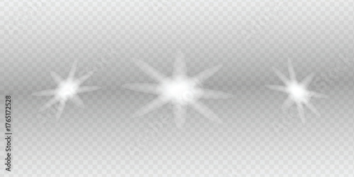 Three bright light flares and starburst effects on transparent backdrop