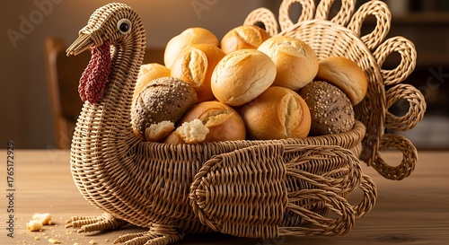 Wicker turkey basket filled with assorted bread rolls on a wooden table for thanksgiving day