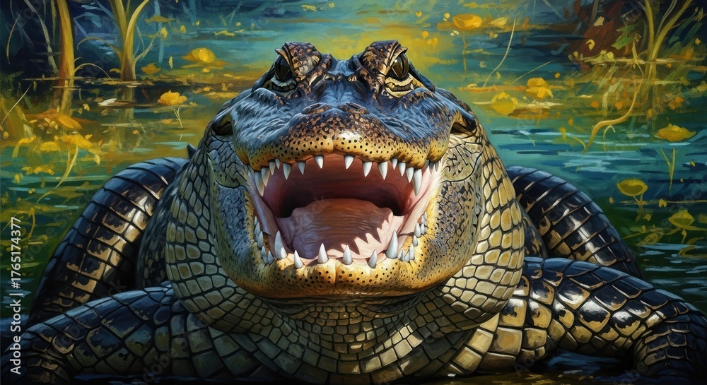 Obraz premium Close-up of an alligator with its mouth open, revealing its teeth, in a swampy environment.