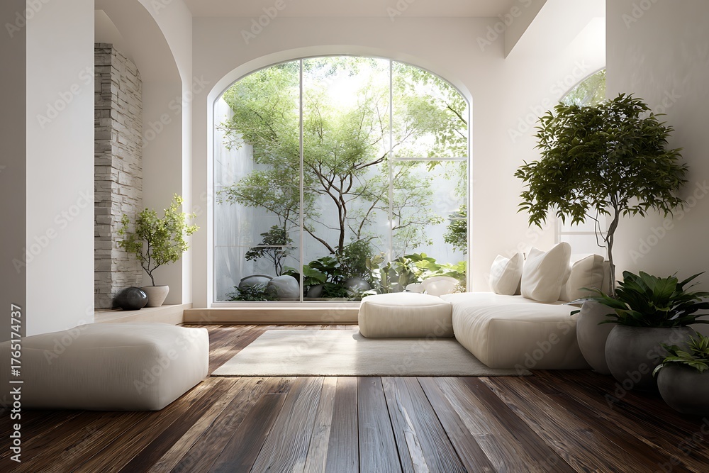 Fototapeta premium Bright Minimalist Living Room with Indoor Garden View, White Sofa, Wood Floor, Nature