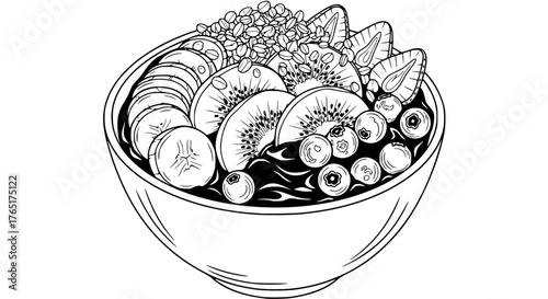 Vector drawing of açaí bowl with fruits and granola, clean black and white linework, tropical style