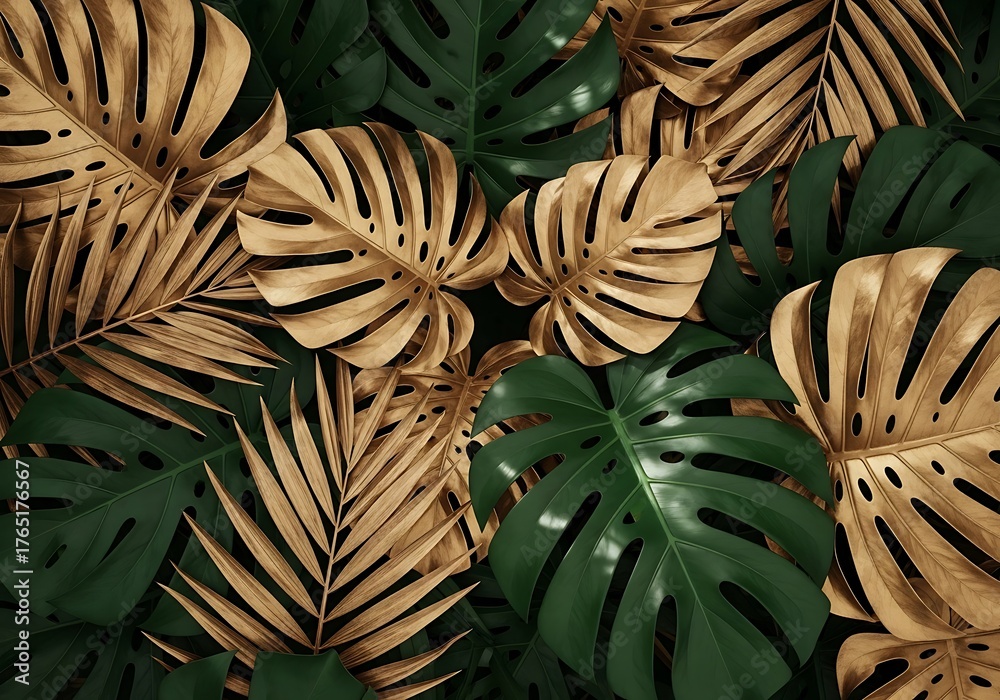 Obraz premium Creative nature background. Gold and green tropical palm leaves. Minimal summer abstract jungle or forest pattern. White paper frame copy space.