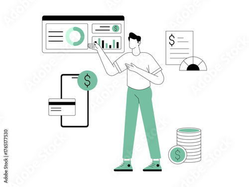 People creating dashboards and compiling into website. Finance illustration. Flat vector illustration.