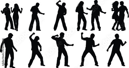 Disco dance silhouette set featuring expressive retro poses, energetic movements, vintage fashion, party dancers, and classic 1970s dance styles.