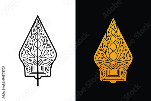 Gunungan Kayon Javanese Indonesian Traditional Wayang Puppet Art Show Cultural Pattern Black Gold Outline Vector 