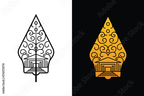 Gunungan Kayon Javanese Indonesian Traditional Wayang Puppet Art Show Cultural Pattern Black Gold Outline Vector 