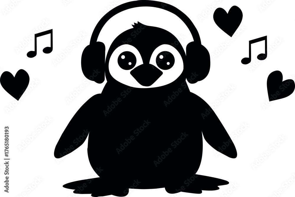 Fototapeta premium Silhouette of cute penguin listening to music with headphones. Cartoon animal character with hearts and notes and adorable vector illustration isolated on white background design
