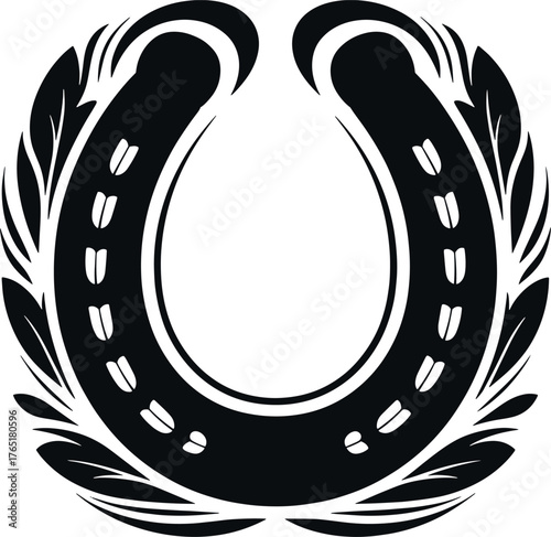 Black and white art nouveau horseshoe silhouette vector with detailed symmetrical ornate floral accents and decorative leaf pattern isolated on white background