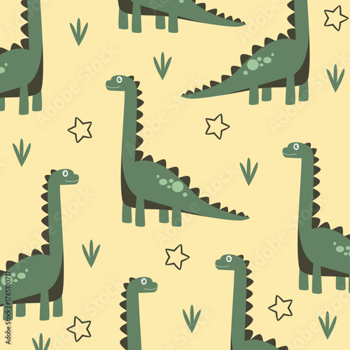 green yellow seamless pattern of dinosaur brontosaur vector cartoon for kids apparel fullprint fabric design