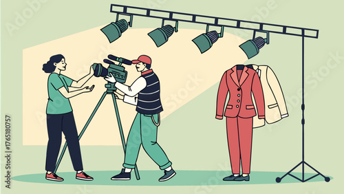 TV set director briefing camera crew and dresser while designer inspects costume — studio vector scene