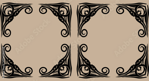 Four ornate black decorative corner elements on a beige background