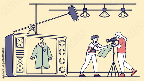 TV set director briefing camera crew and dresser while designer inspects costume — studio vector 