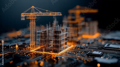 Futuristic Cityscape: Digital Construction Rising from Circuit Board Foundations