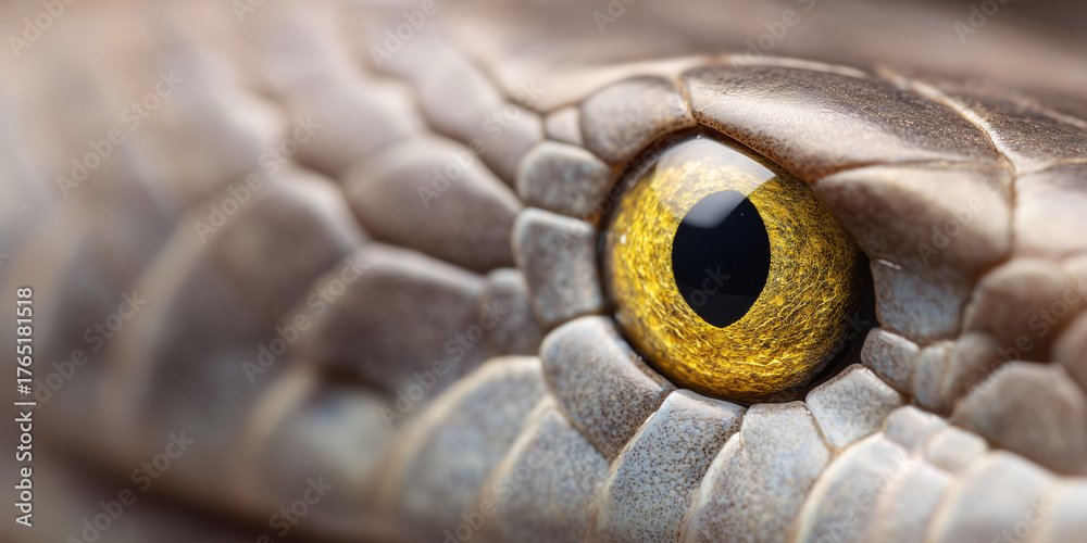 Fototapeta premium Macro close-up shot of a snake's eye, showcasing detailed textures and striking color. The eye captivates with its intense gaze