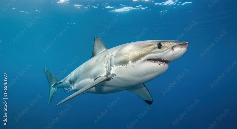 Fototapeta premium A majestic great white shark swims gracefully in the deep blue ocean water.