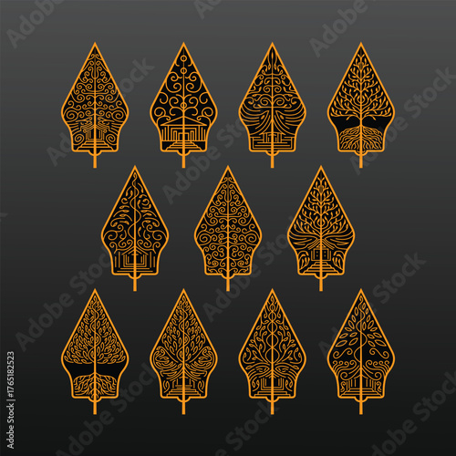 Gunungan Kayon Javanese Indonesian Traditional Wayang Puppet Art Show Cultural Pattern Black Gold Outline Vector Set Collection