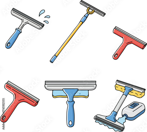 Types of Squeegees, Window and Glass Cleaning Tools Vector Illustration