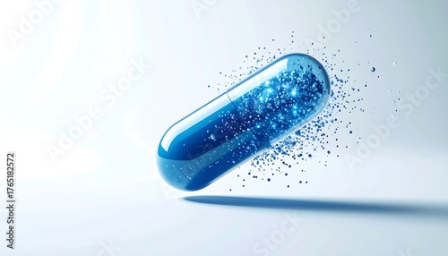 Blue antibiotic capsule disintegrating, releasing digital data particles Healthcare concept