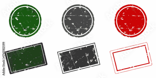 Set of six distressed grunge rubber stamps in circular and rectangular shapes in green gray and red