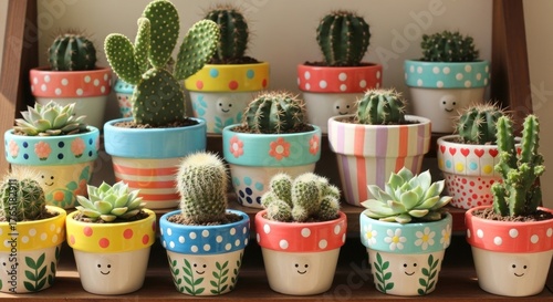 A collection of various cacti and succulents in colorful, decorated pots.