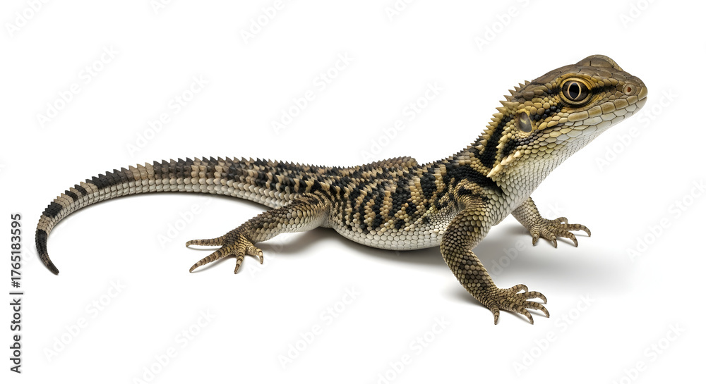 Naklejka premium Discover the fascinating details of this scaly reptile, its watchful golden eye and intricate texture bringing nature's wild beauty to life. Natural themes on isolated white background.