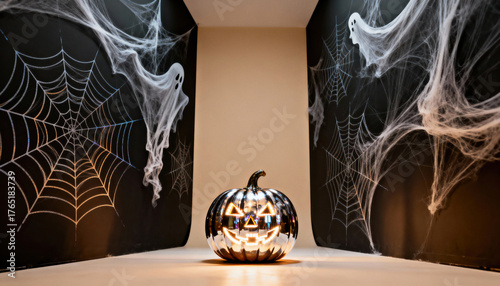 Silver pumpkin glowing between halloween decorations