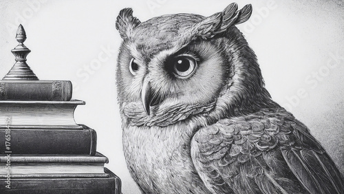 A carved wooden owl sitting atop an old bookshelf, surrounded by vintage books and warm lamplight. Camera close-up from side angle. Texture of carved feathers detailed and tactile. Tone: warm amber, d