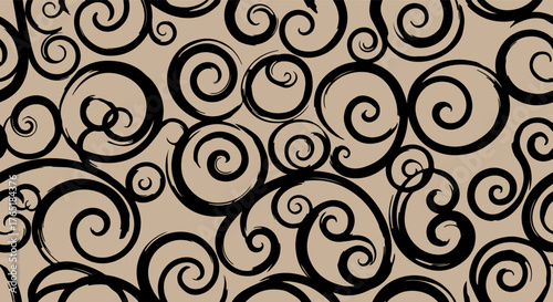Abstract black swirls and curls on a textured beige background