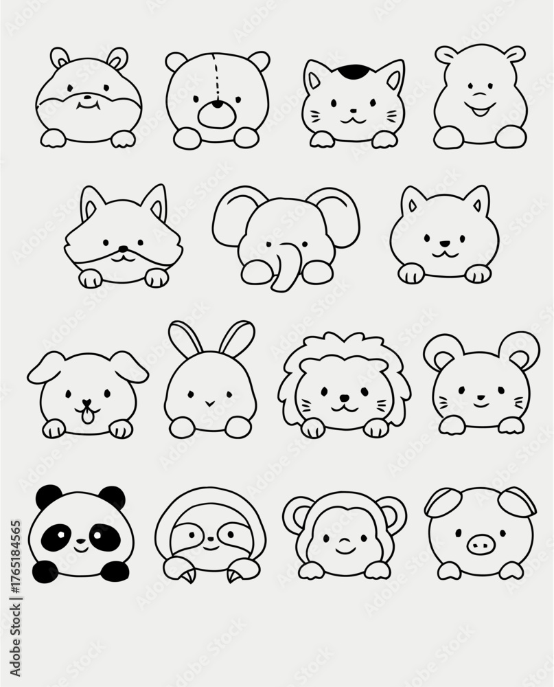 Obraz premium Collection of Adorable Hand-Drawn Cute Animals with Simple Line Art on a White Background, Perfect for Various Creative Projects