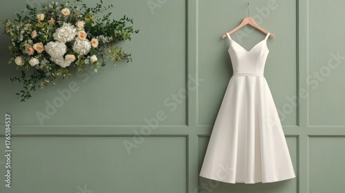 Elegant White Dress Hanging Against Stylish Green Wall with Beautiful Floral Arrangement Above