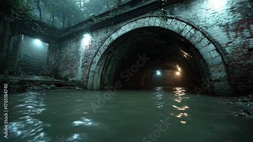 Mystical underground tunnel with water and lights