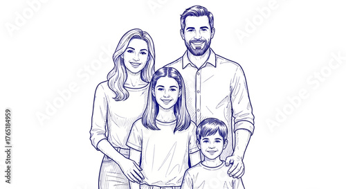 Happy Family Blue Ink Hand-Drawn Sketch | Modern Family Illustration