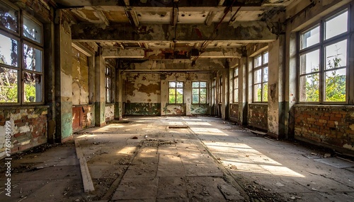Sunlight streams into a large abandoned industrial hall.