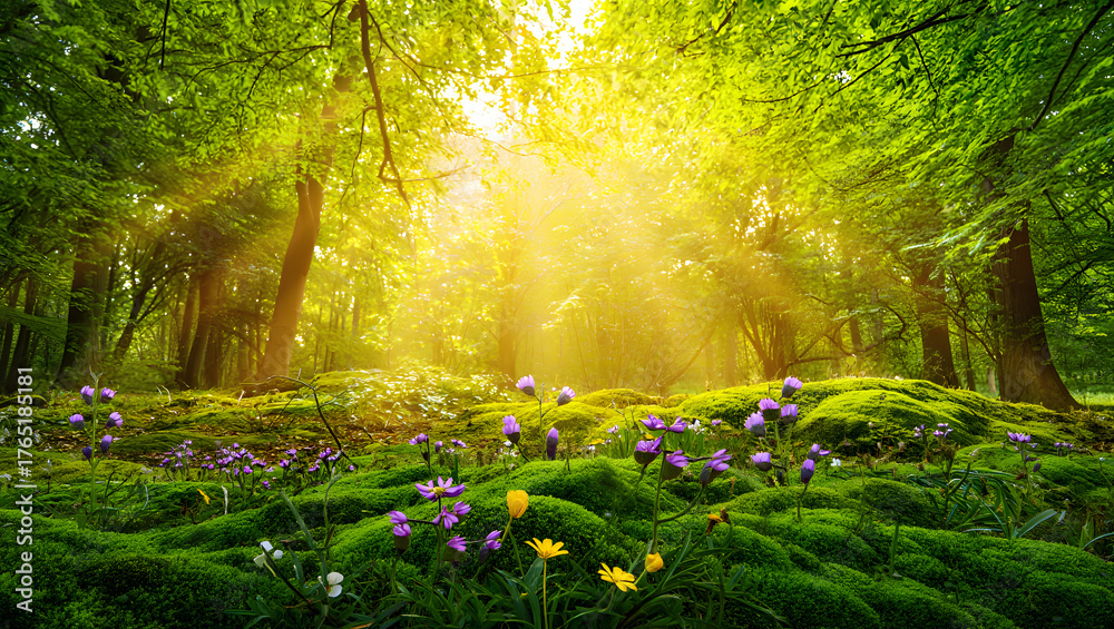 Fototapeta premium The Vibrant Forest Floor with Wildflowers and Golden Sunbeams