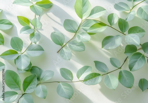 Green leaves scattered over bright white surface