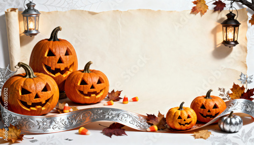 Carved pumpkins and vintage lanterns for Halloween decoration