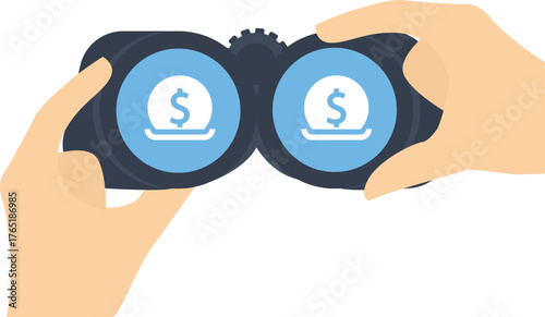 Illustration of a long shadow binoculars with a dollar coin entering in a moneybox

