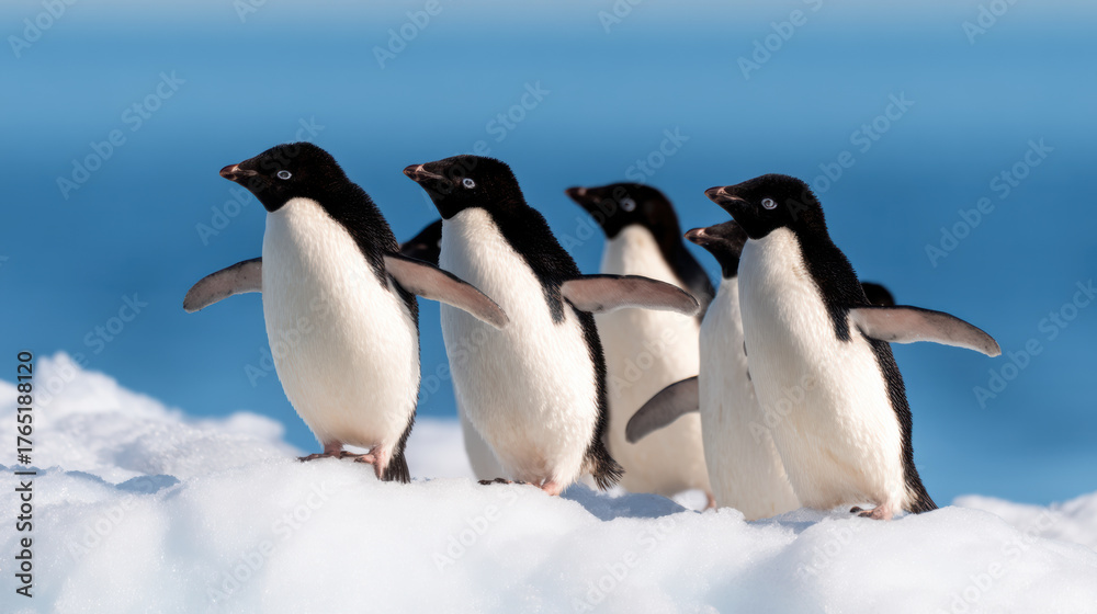 Obraz premium Four adorable penguins stand on a snowy landscape, surrounded by blue ice and water, showcasing their playful nature in a serene environment.