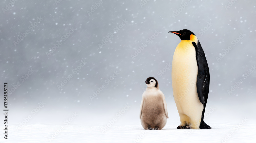 Fototapeta premium majestic adult emperor penguin stands beside its fluffy chick, set against a snowy backdrop, showcasing the beauty of their natural habitat.
