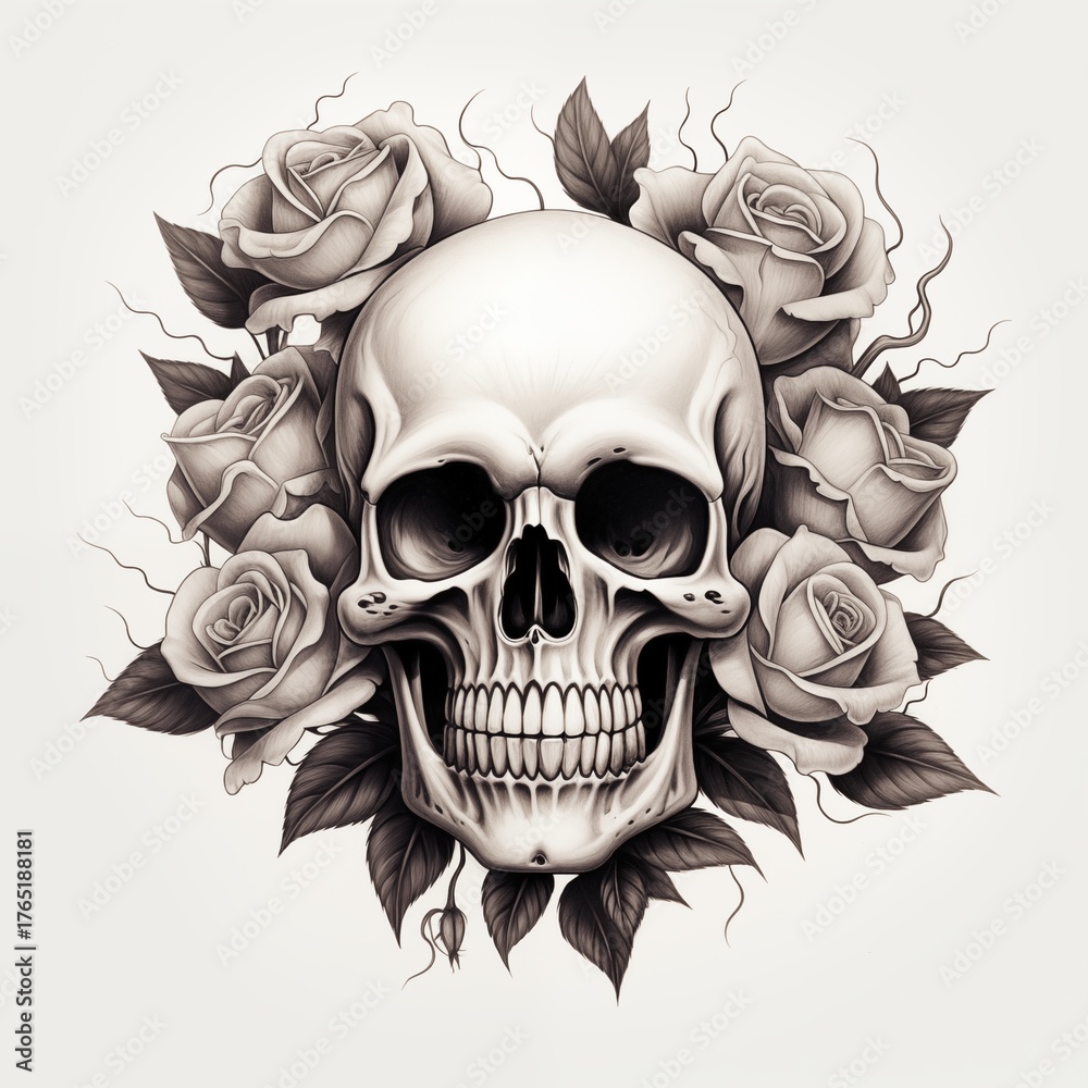Obraz premium Detailed black and white pencil sketch of a human skull with cracked bone texture, framed by dark, beautifully blooming roses and foliage.