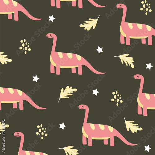 red cute brontosaurus dinosaur vector cartoon seamless pattern design for kids apparel fullprint fabric