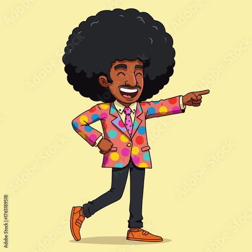 A happy afro hair cartoon child boy and a woman character illustration smile for fun at school with other people and teenager kid person vector graphics