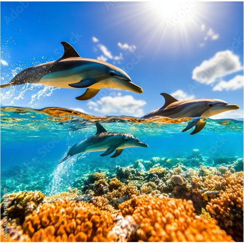 Dolphins swimming gracefully over coral reef ocean underwater photography tropical environment vibrant viewpoint