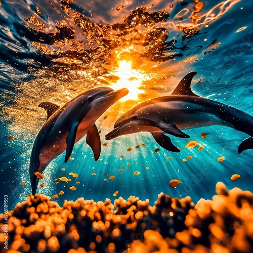 Dolphins playfully swimming beneath vibrant sunlit waters ocean depths underwater photography marine environment close-up perspective