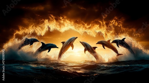 Dolphins leaping through waves at sunset ocean wildlife photography dramatic atmosphere wide angle marine life