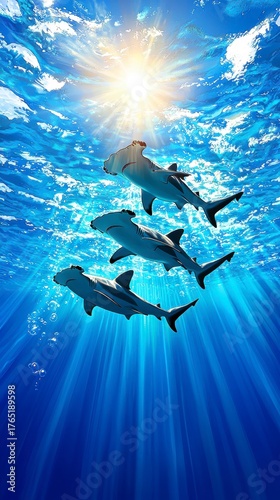 Underwater adventure sharks swimming in crystal blue waters ocean depths nature photography serene environment aerial view